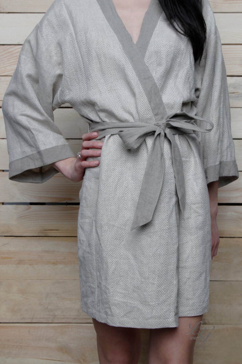 Linen bath robe Kimono in herringbone design linen