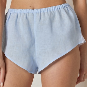 Linen pale blue french cut knickers with lace back