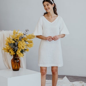 SAMPLE SALE  Size S/ Linen Wedding Dress PARIS/ Elegant Dress Linen/ Short Wedding Dress with Puffed Sleeves/ Vintage Dress/Bridesmaid Dress