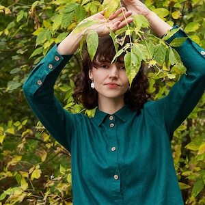 Emerald Green Linen Shirt - Long Sleeve Loose Fit Blouse Elizabet