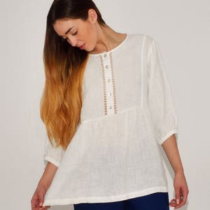 Linen blouse Ingrid with handmade drawnwork at front fastening