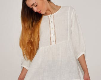 Linen Blouse INGRID  With Drawnwork on Front/ Linen Shirt Luxury/ Top 3/4 Sleeves/ Linen Blouse Maternity/ Linen Tunic Elegant