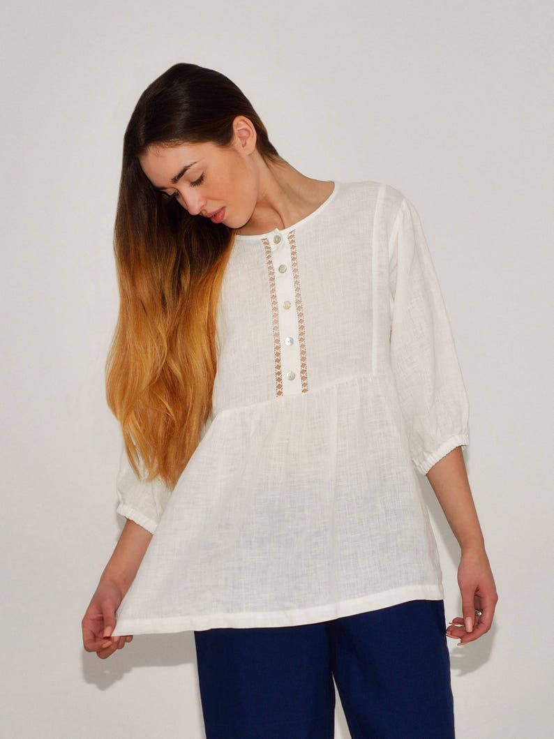 Linen blouse Ingrid with handmade drawnwork at front fastening