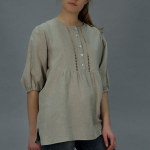 Linen natural flax blouse with handwork and 3/4 sleeve length