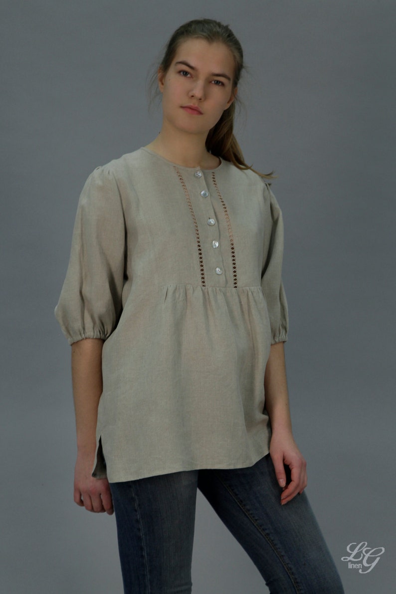 Linen natural flax blouse with handwork and 3/4 sleeve length