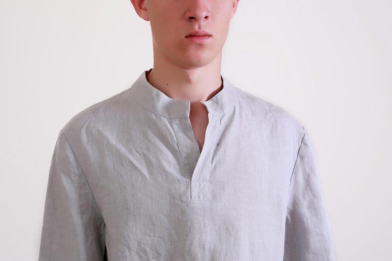 Camisa de lino para hombre ADAM – Camisa informal de cuello mandarín – Top de lino de manga larga imagen 10