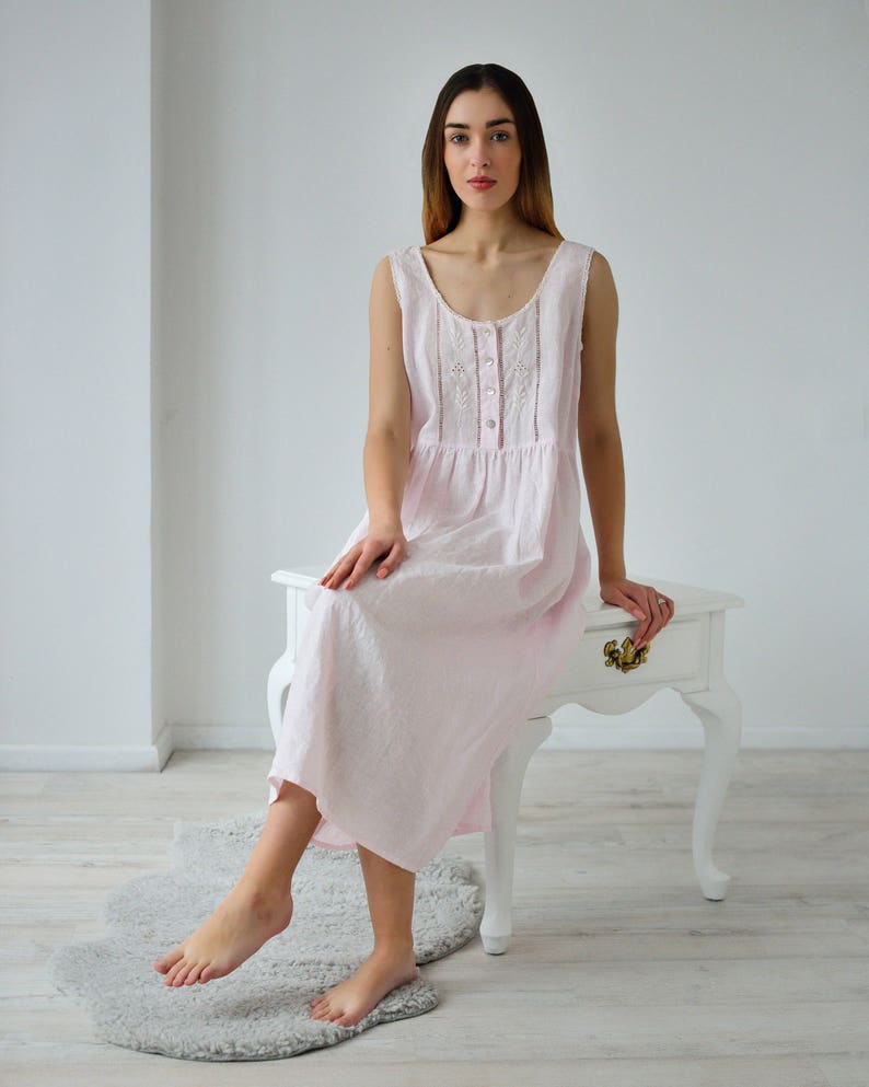 Victorian Nightgown, Nightdress, Pajamas, Robes Linen Night Dress/ Vintage Inspired Hand Embroidered Linen Night Gown For Woman/ Linen Sleeveles Dress/ Linen sleepwear Women/ Flax Gown $129.00 AT vintagedancer.com