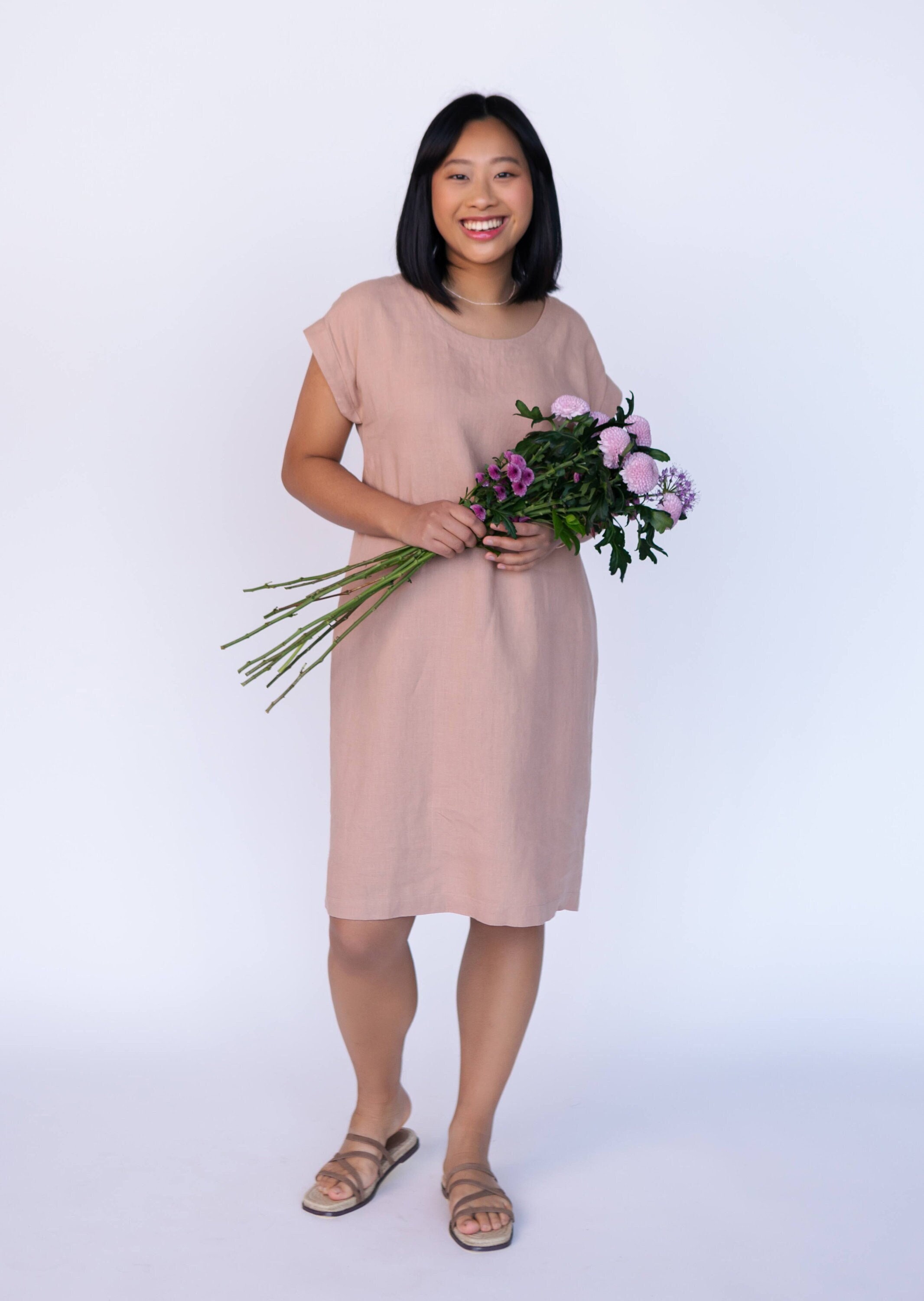 Mocha Linen Dress, Knee Length, Loose Fit - Sleeveless Tunic ELIANA
