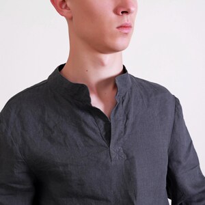 Camisa de lino para hombre ADAM – Camisa informal de cuello mandarín – Top de lino de manga larga Asphalt grey