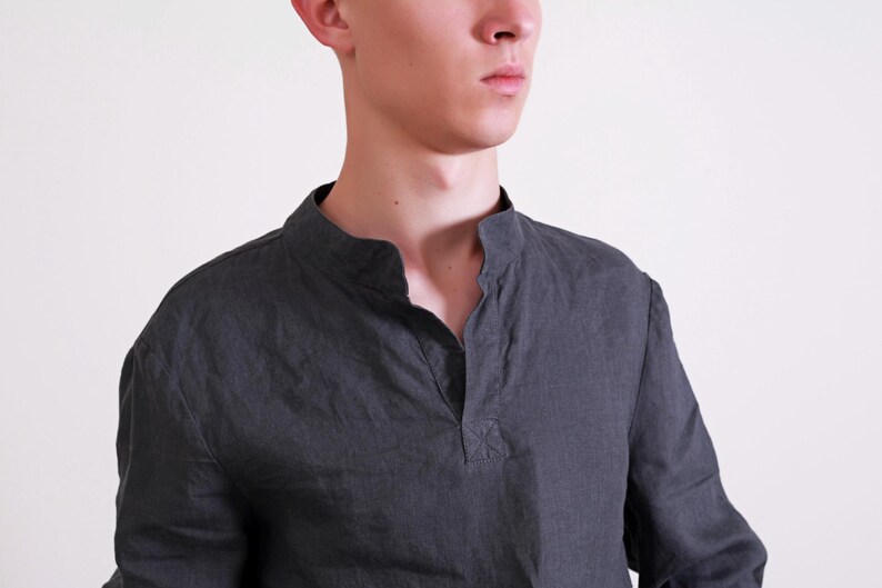 Camisa de lino para hombre ADAM – Camisa informal de cuello mandarín – Top de lino de manga larga Asphalt grey