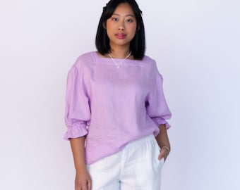 Linen Oversize Top SCARLET in Lilac/ Linen Boho Blouse With Puffed Sleeves/ Sustainable Linen Shirt with Ruffles/ Linen Romantic Dress