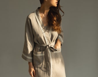 Linen Bath Robe Natural Genova / Night Robe Short Laced/ Flax Gown/ Luxury  Linen Laced Spa Robe/ Pool Linen Gown/ Bio Natural Robe