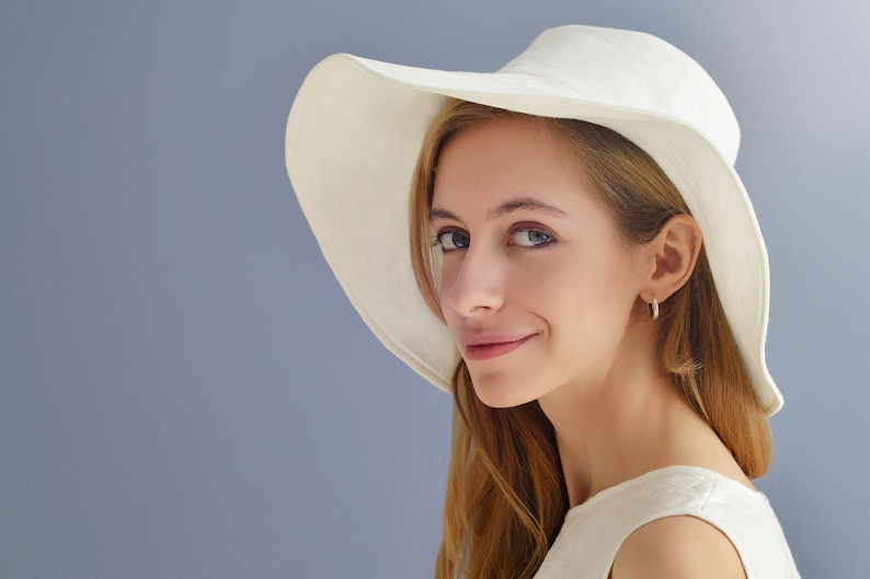 Linen white wedding hat for her with wide brims