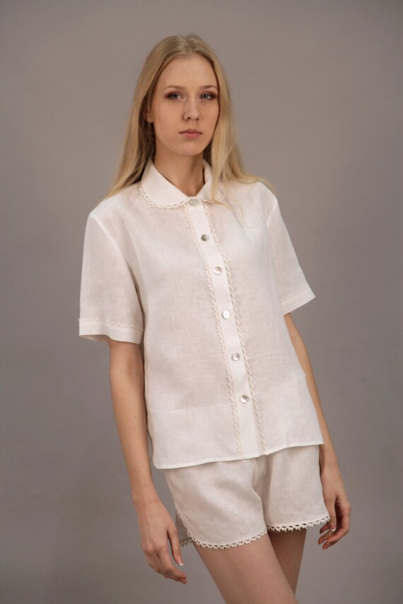 Linen White Pajama Shirt / Linen White Pajama Top Laced/ Etsy