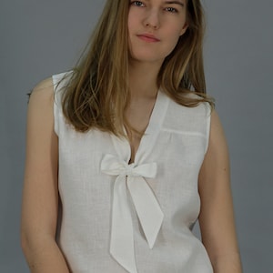 Linen White Blouse JULIA Sleeveless With Front Bow/ Linen Top With Collar-Tie/ Linen Shirt/ Linen Top Fashionable/ Linen Elegant Blouse Gift