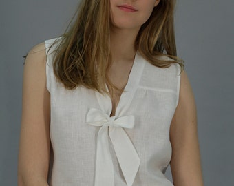 Linen White Blouse JULIA Sleeveless With Front Bow/ Linen Top With Collar-Tie/ Linen Shirt/ Linen Top Fashionable/ Linen Elegant Blouse