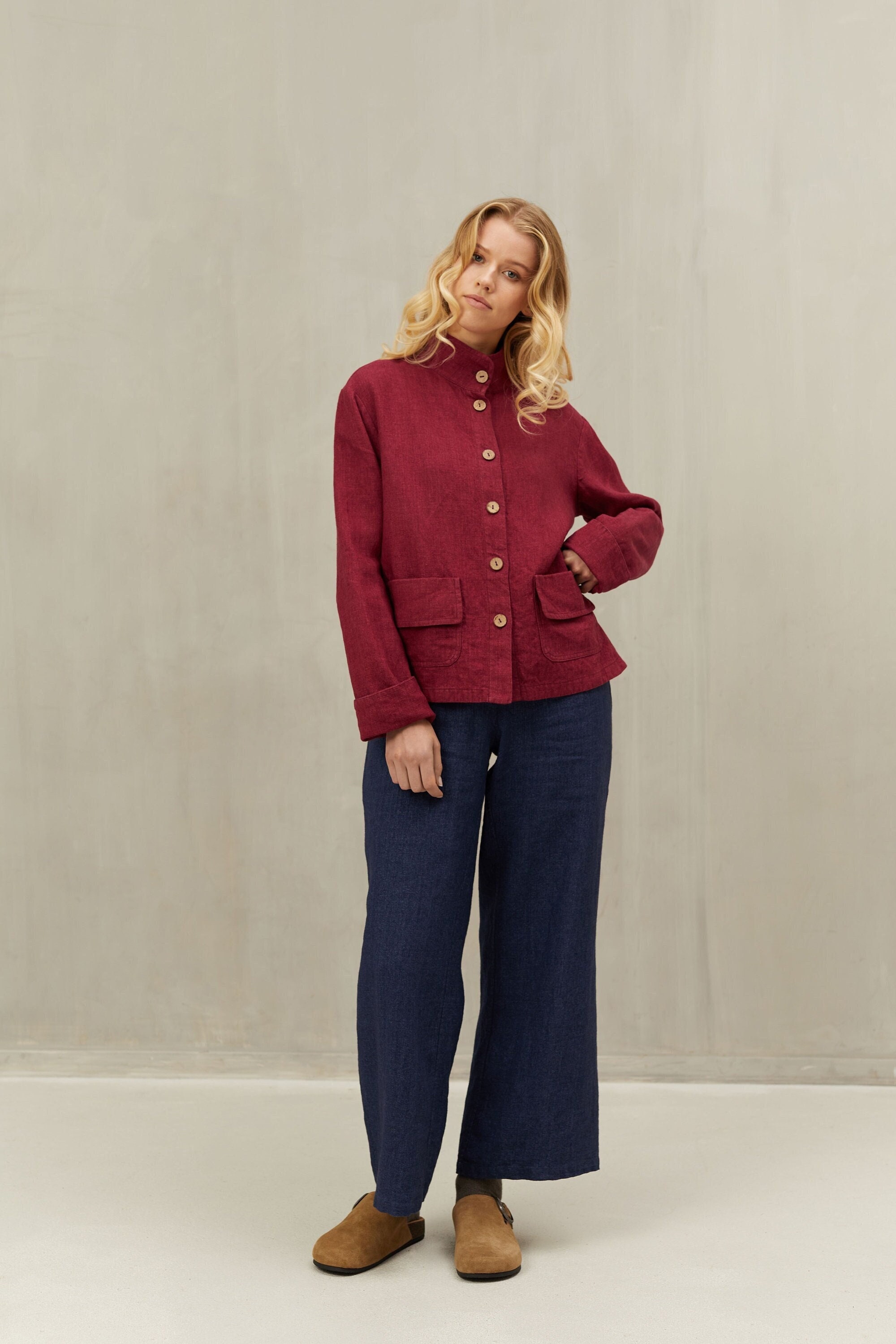Burgundy Red Short Jacket LUCA in Linen Wool Blend. Natural Fall Coat. Wool Jacket with Band Collar. Linen Loose Casual Cardigan. Valentine