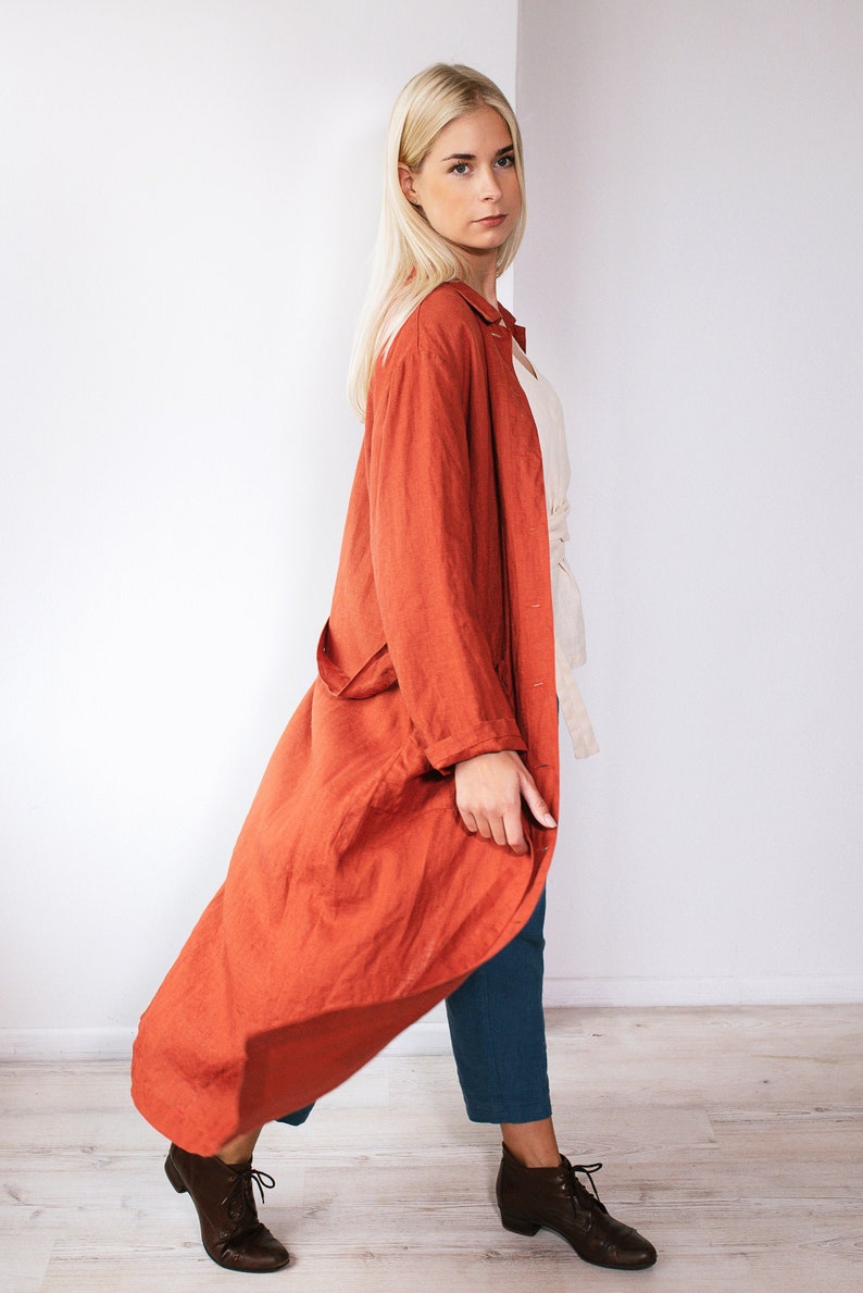 Linen Long Loose Oversize Blazer SANDI /Linen Outwear Natural/ Linen Shirt Dress/ Loose Long Duster Jacket Terracotta