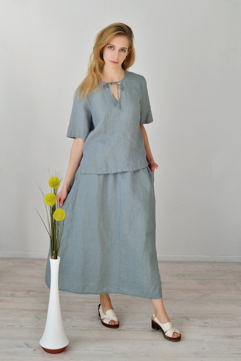 READY TO SHIP Size S/Linen Skirt Suit/Linen Long Wide Skirt and Blouse Short Sleeved in Blueish Grey Linen/ Skirt with Drawstring Waist image 1