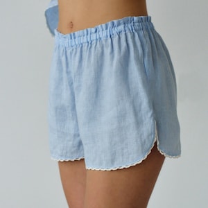Linen blue sleep shorts Rosie with lace