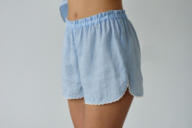 Linen blue sleep shorts Rosie with lace