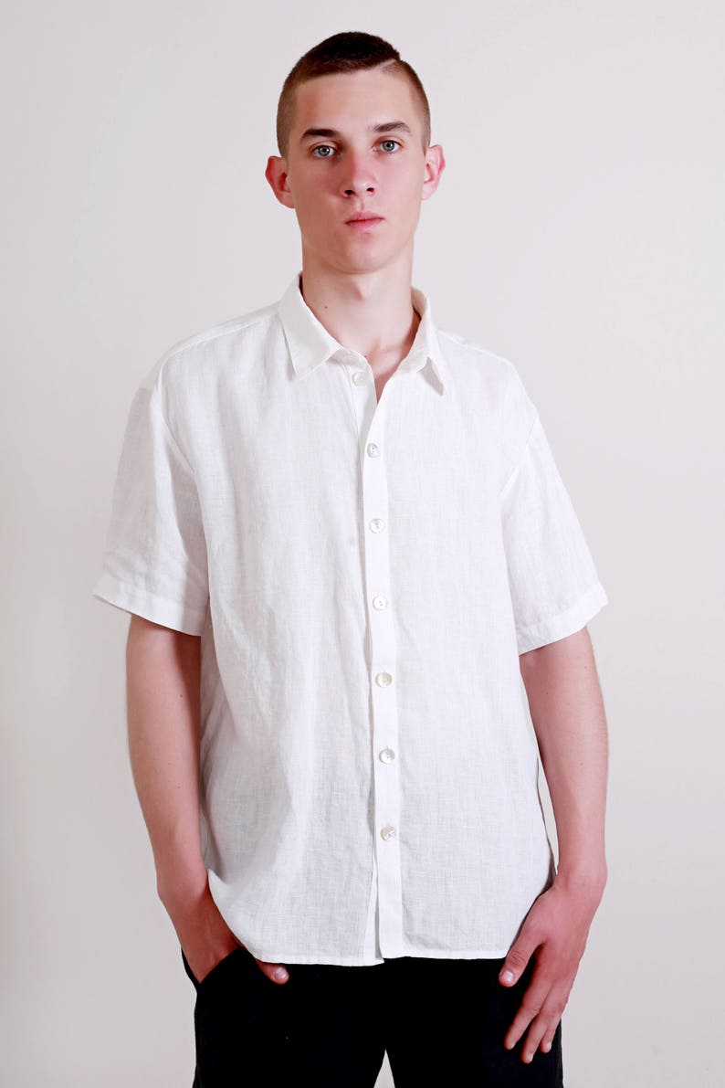 Linen White Shirt for Men/ Short Sleeve Casual Men Shirt with Buttons/ Summer Shirt/ Linen Clothing for Men image 2