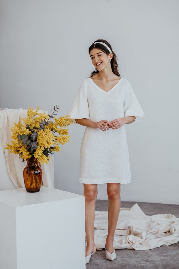Linen White Wedding Dress PARIS, Short A-Line with Puffed Sleeves Linen White Wedding Dress PARIS, Short A-Line with Puffed Sleeves
