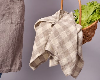 Linen Rustic Quality Undyed Kitchen Dish Towels Set of Two/ Heavy Weight Linen Towels/ Rough Tea Towels Checked Natural/White color