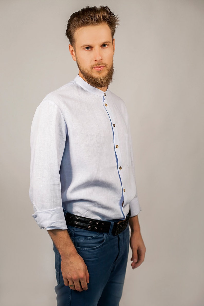 Linen shirt with stand and long sleeves for men in pale blue