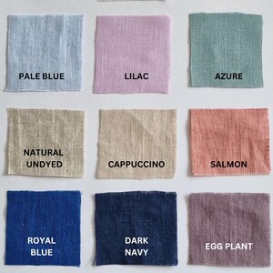 Pode incluir: Uma carta de cores com 12 amostras de tecido em v&aacute;rias cores, incluindo branco leitoso, rosa claro, rosa poeira, azul claro, lil&aacute;s, azul celeste, natural n&atilde;o tingido, cappuccino, salm&atilde;o, azul royal, azul marinho escuro, berinjela, cinza asfalto e preto. A carta &eacute; etiquetada como "Linho leve".
