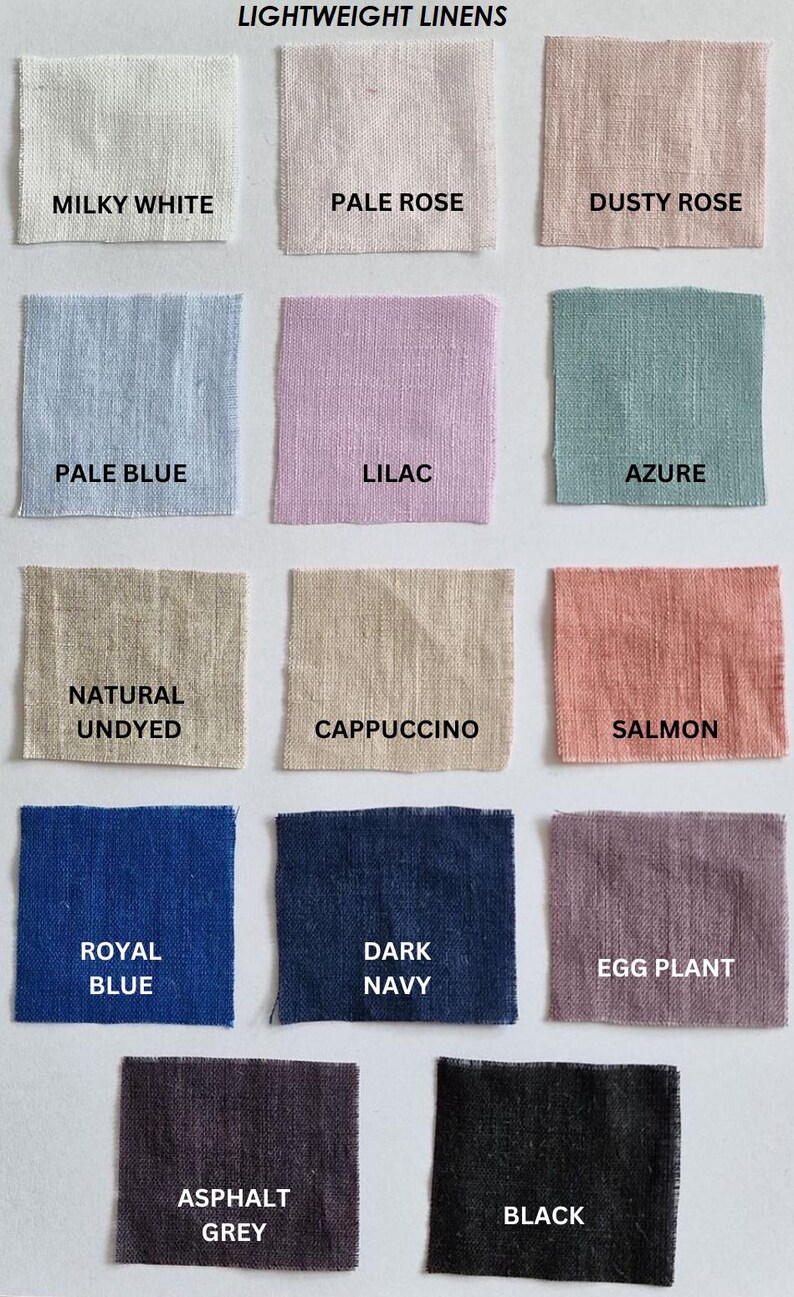 Pode incluir: Uma carta de cores com 12 amostras de tecido em v&aacute;rias cores, incluindo branco leitoso, rosa claro, rosa poeira, azul claro, lil&aacute;s, azul celeste, natural n&atilde;o tingido, cappuccino, salm&atilde;o, azul royal, azul marinho escuro, berinjela, cinza asfalto e preto. A carta &eacute; etiquetada como "Linho leve".