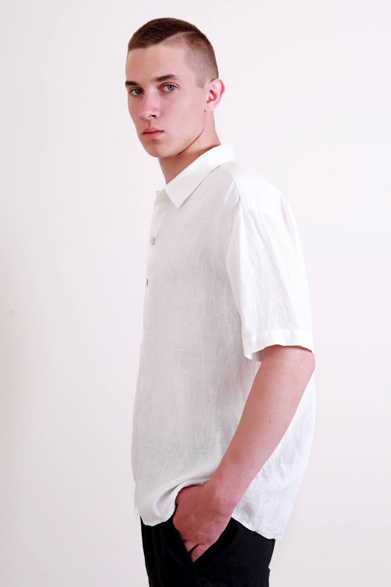 Linen White Shirt for Men/ Short Sleeve Casual Men Shirt with Buttons/ Summer Shirt/ Linen Clothing for Men image 3