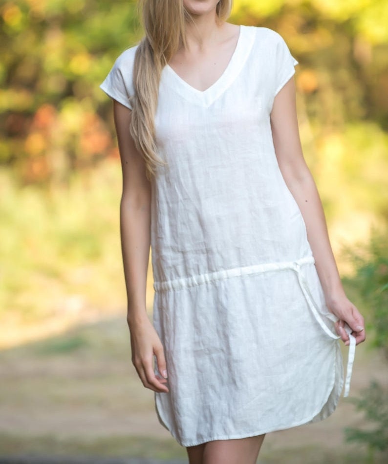 Linen Tunic Gown EDEN with Drawstringed waist/ Linen Dress Sleeveless/ Linen Tank image 3