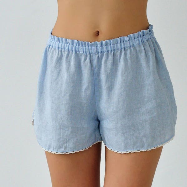 Linen Sleep Shorts ROSIE LACE for Woman/ Flax Shorts in Blue/Linen Sleepwear/ Linen Bloomers/ Linen Lingerie/ Flax Underwear
