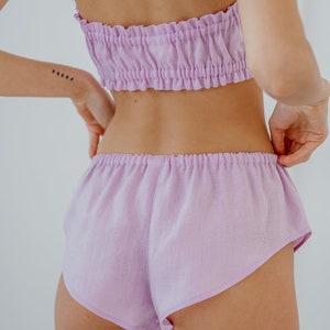 Linen organic underwear for women in lilac color - soft bandeau and french panties