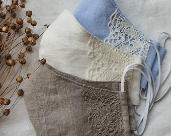 Linen Lace Face Mask, Adjustable Adult Mask with Filter Pocket