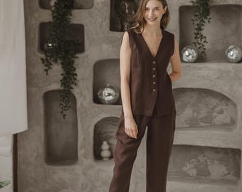 GABRIEL Classic Linen Vest Women. Fitted Gilet Button Up in Chocolate Brown. 100% Linen Waistcoat