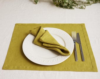 Lime Green Linen Placemat Set: Rustic Farmhouse Dining