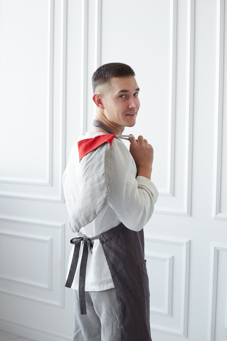 Linen Unisex Apron With Adjustable Straps. Washed Linen Apron for Cooking and Gardening. Linen Full Apron for Women and Men. Gift for Him image 3