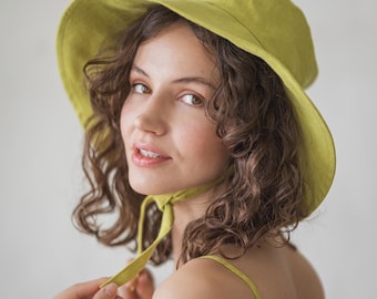 Green Linen Sun Hat: Wide Brim, Boho Beach Style, Side Ties