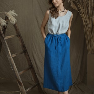 Linen Stright Midi Skirt NORA with Drawstringed Waist/Skirt With Back Slit and Deep Side Pockets/Natural holiday-ressort Skirt/Summer outfit