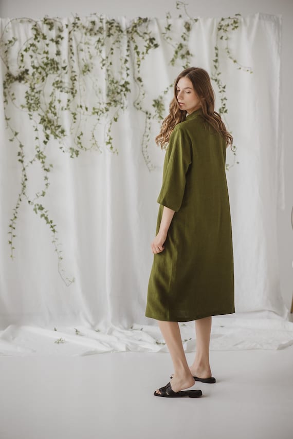 moss green casual dress 100% Linen Midi Shirt LORA, Green, Oversized olive green clothes