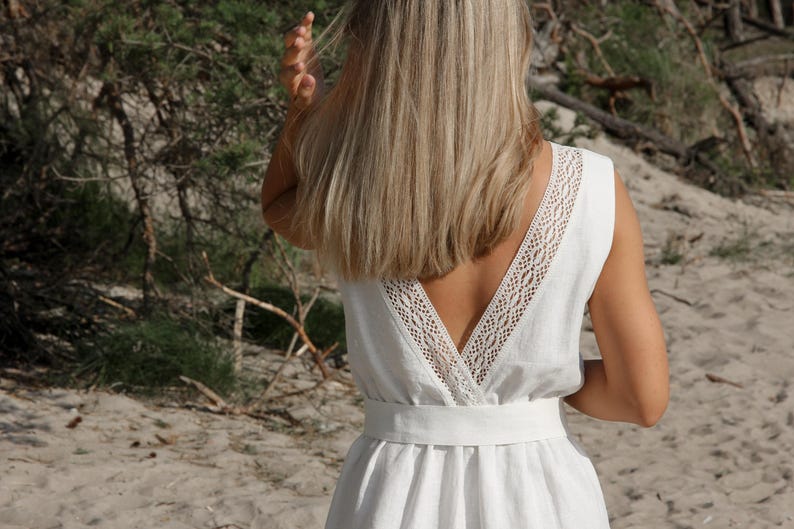 Natural Linen Dress MILA with Lace Back / Pure Linen Dress in Undyed Flax Milky white