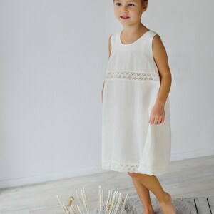 Linen Lace Dress for Girls in Blue. Kids Linen Clothing. Flower Girl Dress. Baptism Dress. Summer Linen Dress Milky white