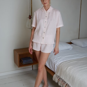 Linen pajama set Nina laced in pale rose