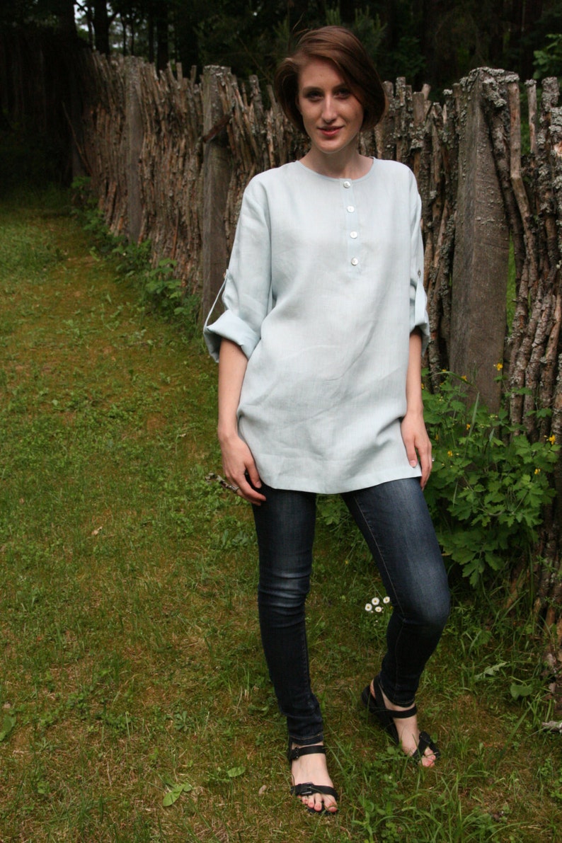 Linen Oversize Shirt HELEN with Long Sleeves/ Linen Loose Top/ Women Summer Shirt Linen/ Drop Shoulder Shirt Pale blue