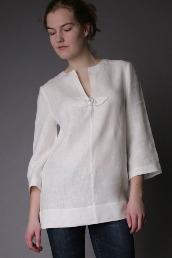 Linen White Tunic with Rose Decor/Linen Tank / Linen Blouse | Etsy