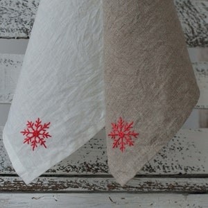 Linen hand towels set of 2 with luxury handmade snowflake embroidery