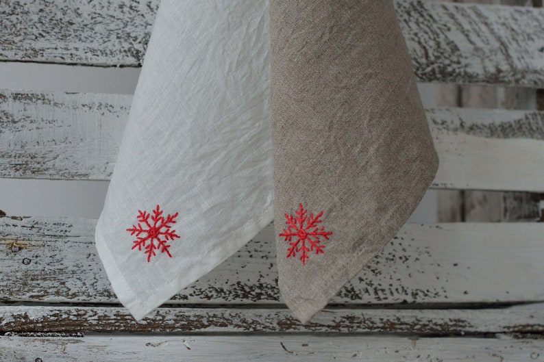 Linen hand towels set of 2 with luxury handmade snowflake embroidery