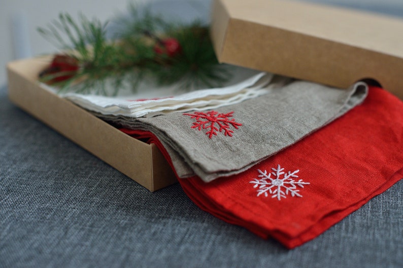 Linen kitchen towel with embroidered by hand Snowflake in towel corner